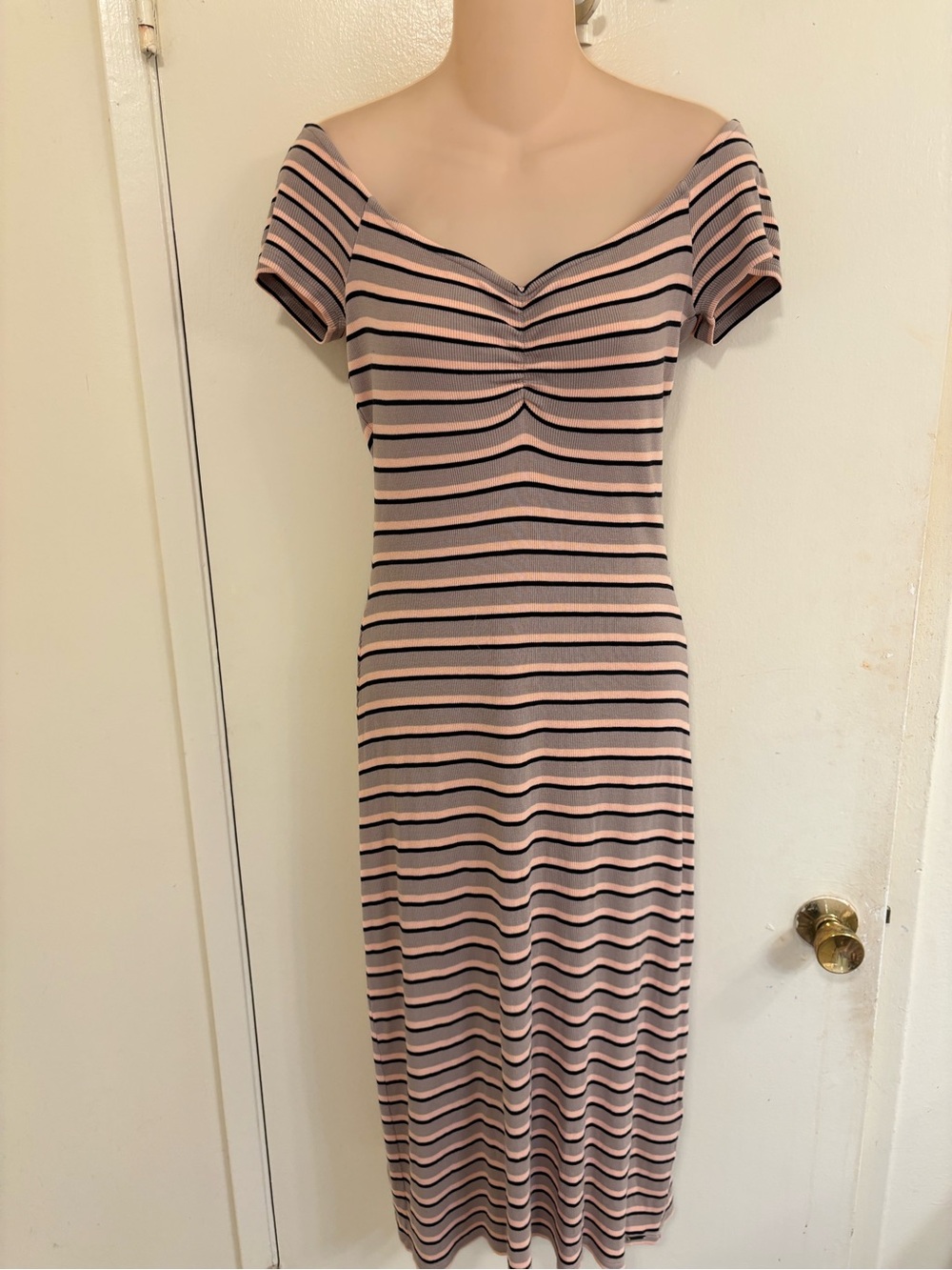 Volcom "All Booed Up" Fitted Midi Dress in a striped taupe knit material size S